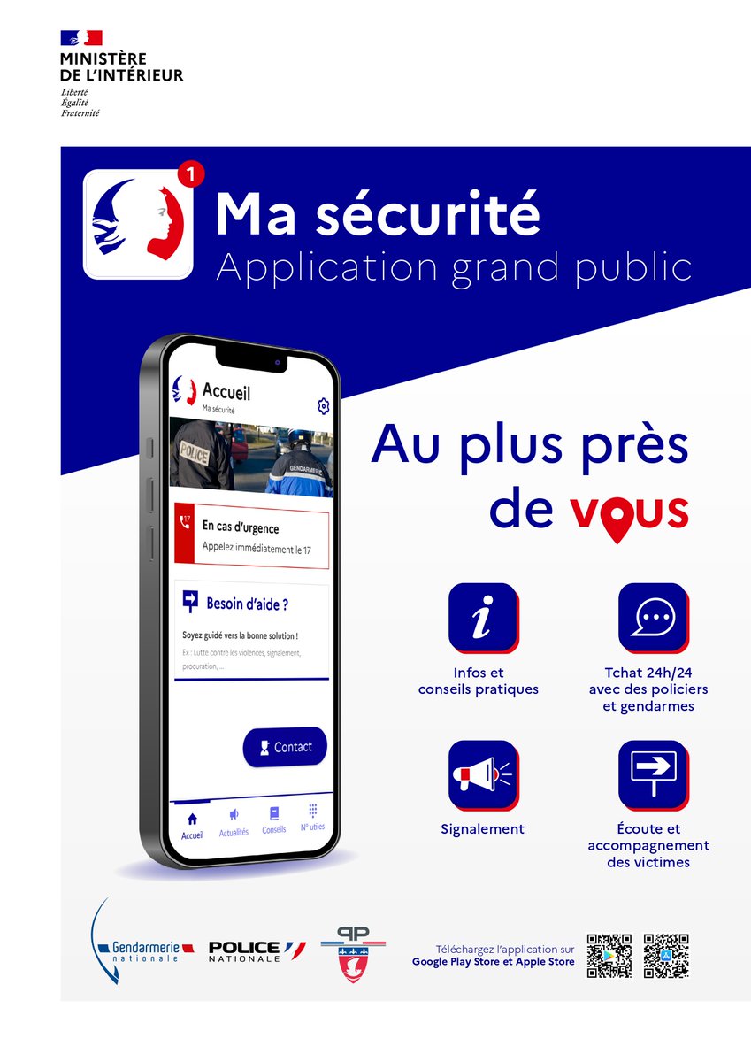 #FlashInfo 🚨 Nouvelle application #MaSécurité à télécharger sur vos smartphones !
⚠️Conseils de sécurité/prévention
💬Tchat avec un #gendarme 24h/24
📲Signalement des points de deal
👮‍♂️Pré-plainte en ligne
📌Localiser la brigade de #gendarmerie la + proche
interieur.gouv.fr/actualites/com…