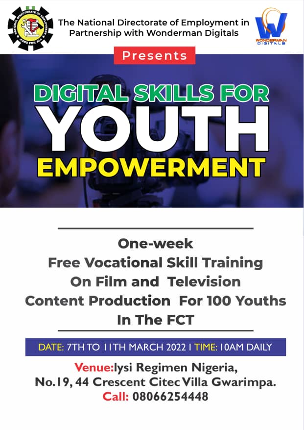 Wonderman Digitals partners with The National Directorate employment (NDE) to train Nigerian Youths on Creative Digital skills. 

It is with great joy that the management and staff of Wonderman Global Entertainment anounce a patnership between Wonderman Digitals and the NDE
