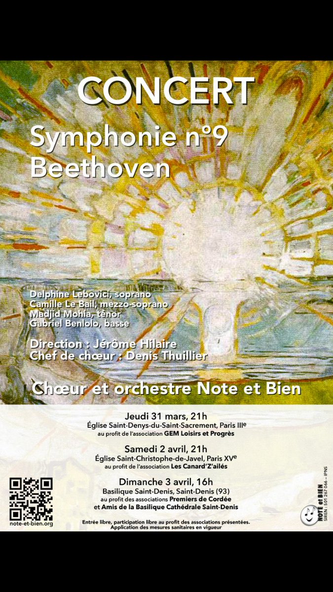 NoteEtBien's tweet photo. Prenez date pour les prochains concerts de Note et Bien ! Les 31 mars et 2 avril à Paris 3ème et 15ème, et le 3 avril à la Basilique de Saint-Denis. Une oeuvre magistrale est au programme : la symphonie n°9 de Beethoven ! https://t.co/AQzFRPH6Ac