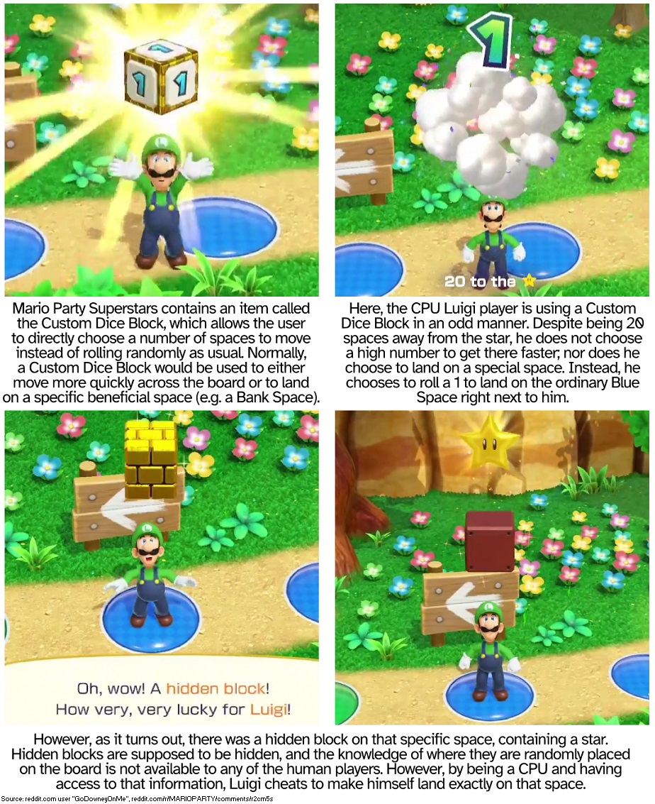 Supper Mario Broth on X: On higher difficulties in Mario Party Superstars,  CPU players may cheat by using Custom Dice Blocks to land precisely on  spaces with hidden blocks, despite this knowledge