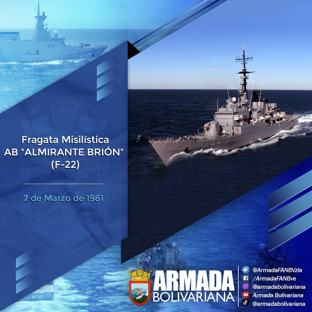#07Mar || La <a href="/ArmadaFANBVzla/">Armada_ve</a> se complace en 𝗙𝗲𝗹𝗶𝗰𝗶𝘁𝗮𝗿 a la Dotación de la Fragata Misilística AB "Almirante Brión" (𝙁-22), por arribar a su 41° Aniversario como garante de la Soberanía de la Venezuela Azul.
Bz‼️
¡ℂ𝕠𝕟𝕤𝕥𝕒𝕟𝕔𝕚𝕒 𝕪 𝕍𝕒𝕝𝕠𝕣!
#SomosTierraDeGracia