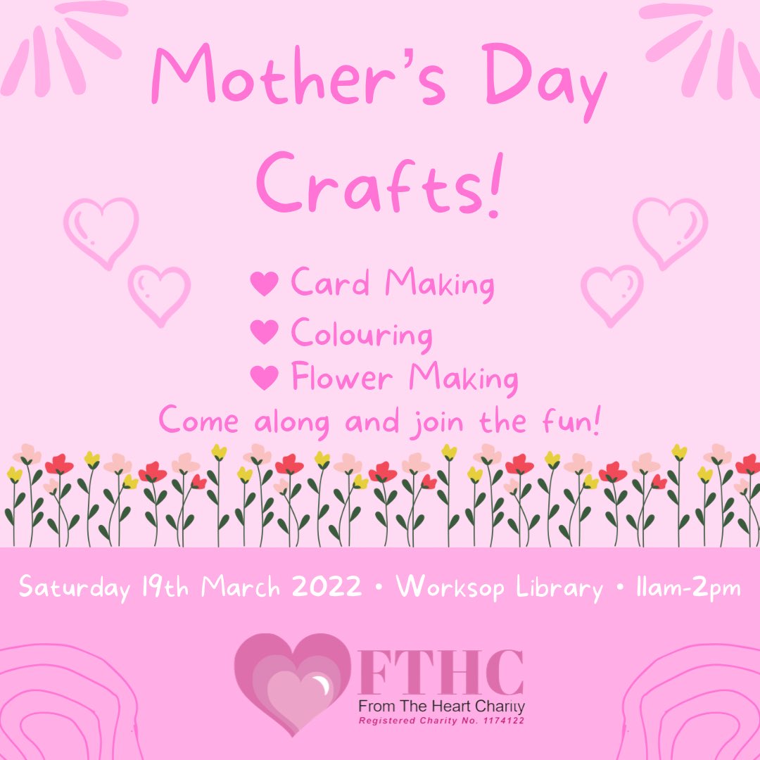 FTHCworksop's tweet photo. Our volunteers will be at Worksop Library on Saturday 19th March 2022, 11am-2pm doing various craft activities such as card making, colouring sheets and flower making! ๐๐ธ๐
Come on down next Saturday and join in the fun! ๐คฉ
#worksoplibrary #mothersday #community #fthc https://t.co/qMSUat11LK