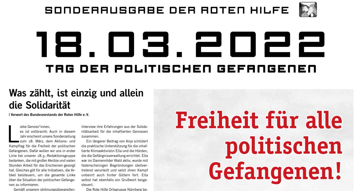 Der Tag der politischen Gefangenen rücktt näher und die Zeitung zum Thema 'Solidarität zwischen Drinnen und Draußen' ist schon da: Wie schaffen wir mehr gemeinsamen Kampf und wie nehmen wir der Haft ihren Schrecken? Dies und mehr findet ihr schon online:  
rote-hilfe.de/downloads1/cat…