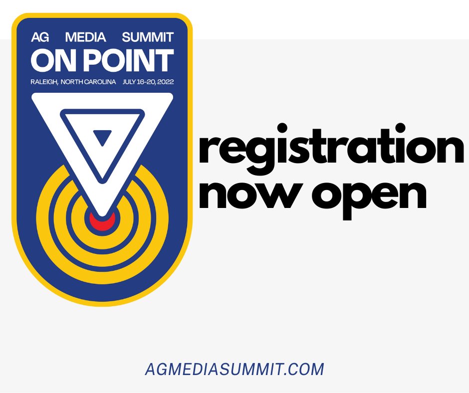 AgMediaSummit22's tweet photo. Registration for #AgMediaSummit2022 is now open! Plan to join us for the largest educational and networking gathering of ag communicators in the USA.  
🔻 July 16-20, 2022 in Raleigh, North Carolina
🔻 Registration: https://t.co/IV9Ux2mGIh 
🔻 Schedule: https://t.co/45kCjcG1cX https://t.co/Qbjf09dutB