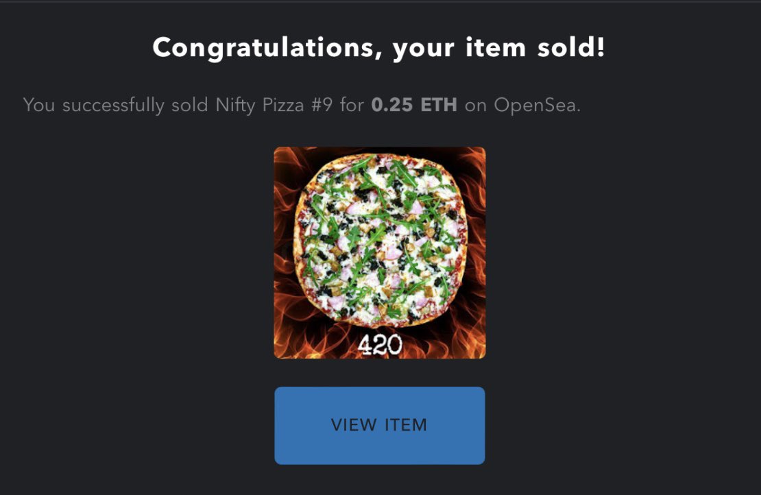 CONGRATS to the amazing <a href="/mentalist420/">MentARTlist420🫀™</a> who grabbed the very FIRST ORIGINAL NIFTY PIZZA called “420” made with traditional sauce, artichoke hearts, Canadian bacon, chicken, fresh arugula, chopped spinach, extra virgin olive oil and mozzarella cheese!  

#NFTs #Pizza