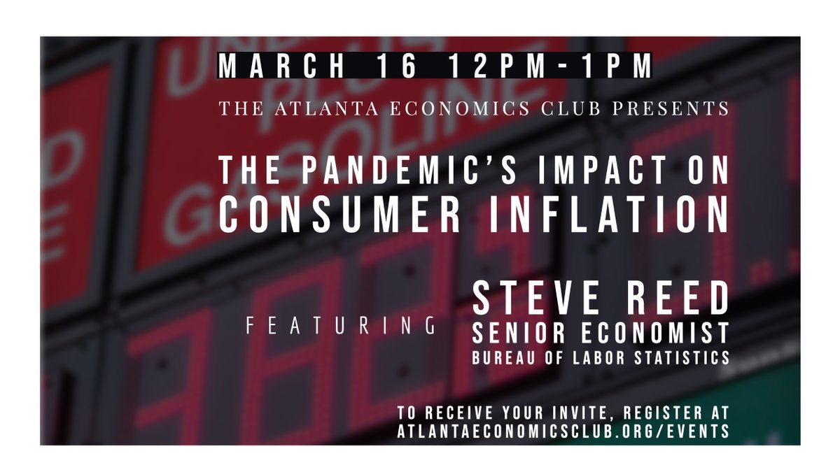 AtlantaEconClub's tweet photo. The pandemic cast an increasingly long and uncertain shadow over inflation. To shed some light, nobody's better than @BLS_gov Senior Economist Steve Reed.  Join us on March 16 as we discuss the pandemic's impact on consumer inflation.

To register:
https://t.co/z4MGHevrpW https://t.co/HKpIpNERtA