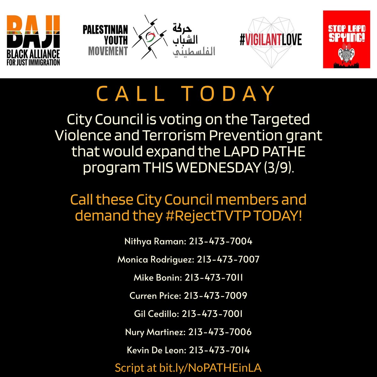 KtownforAll's tweet photo. The Targeted Violence and Terrorism Prevention Grant that would expand the LAPD PATHE program is on Wednesday's (3/9) City Council Agenda.
The PATHE program targets and criminalizes youth as potential "extremists.” Call and demand they #RejectTVTP TODAY. https://t.co/GkOBvVrOSX https://t.co/OwF3ZlUAAM