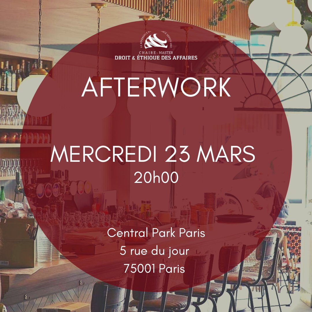 [Save the date - 2e AFTERWORK MDEA]

L’Association du Master Droit et Ethique des Affaires (AMDEA) vous convie à son deuxième afterwork :

🗓 Mercredi 23 mars
🕗 20h00
📍 Central Park Paris, 5 rue du jour, 75001 PARIS

On vous y attend nombreux ! 🍸