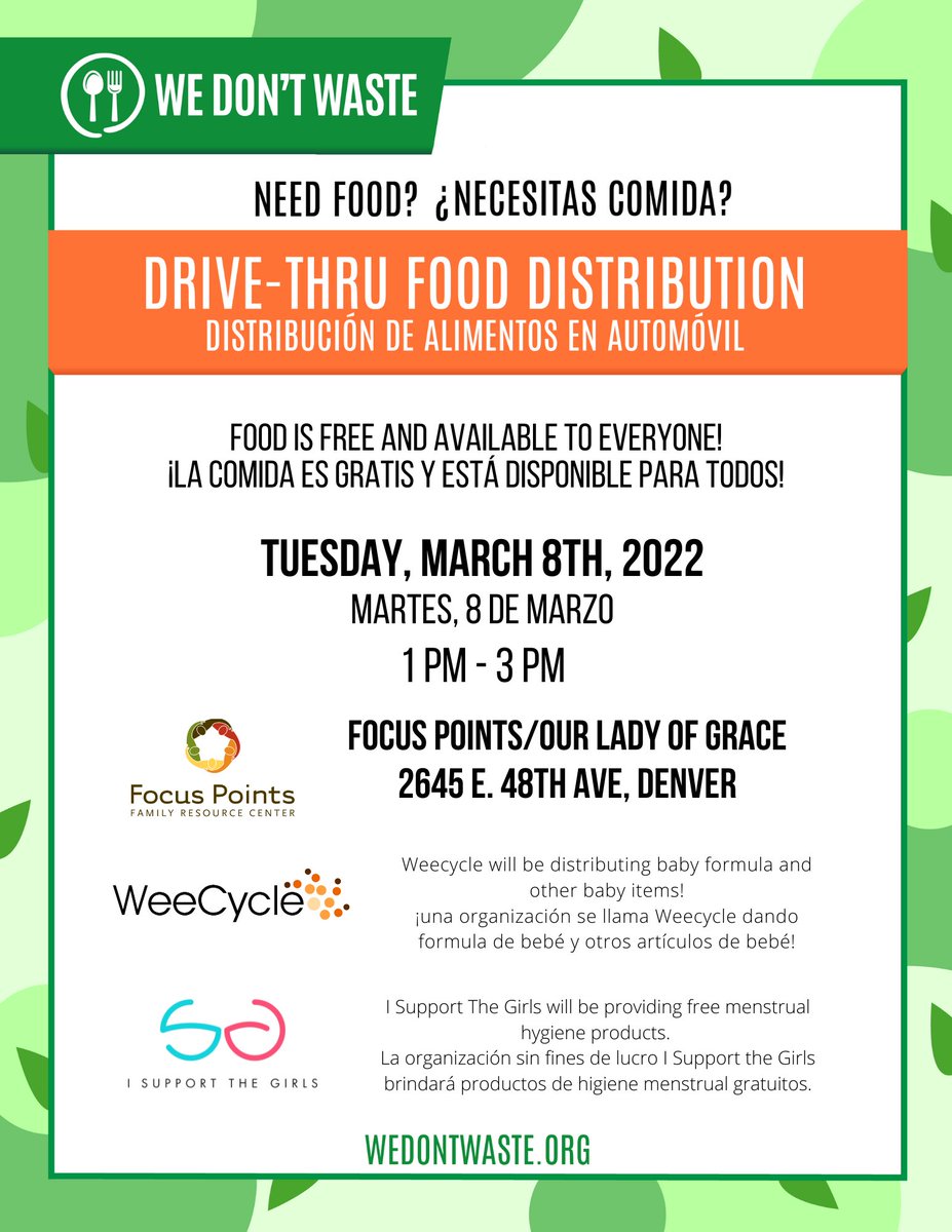 Our next Mobile Food Market is tomorrow, March 8th from 1pm - 3pm at 2645 E. 48th Ave! All of the food at our Markets is free for everyone! 🍎