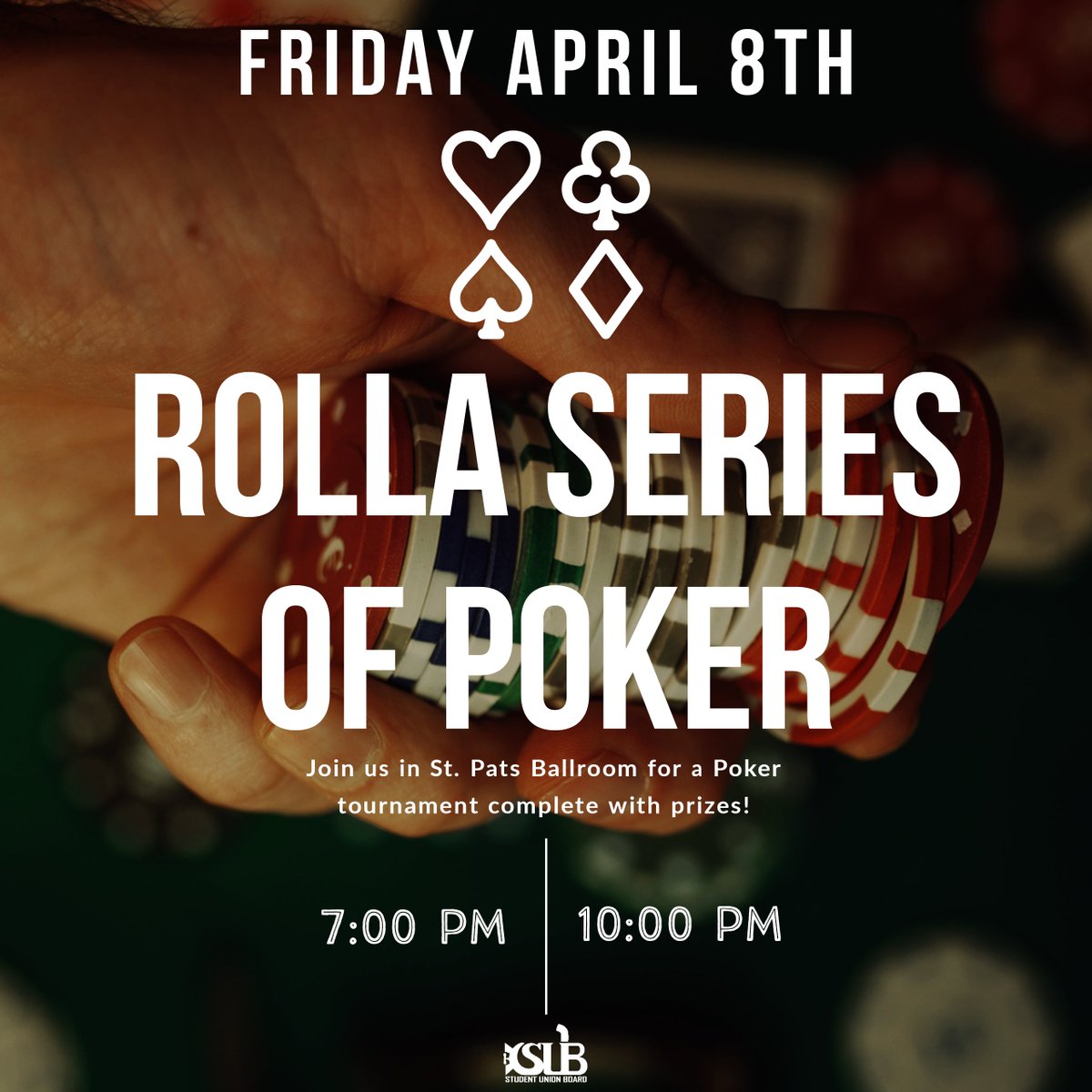 SandTSUB's tweet photo. SUB is hosting a Poker tournament in St. Pats Ballroom on April 8th from 7-10 pm. Come play Poker and win some prizes! https://t.co/ythvpcEf6N