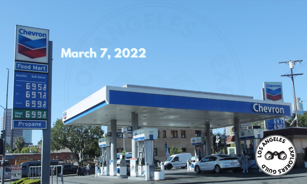 The high price of gasoline is in the news. But no matter how much you're paying, this one <a href="/Chevron/">Chevron</a> station in #DowntownLosAngeles has you beat. 3/7/22: $6.95/gallon. But it's always been the Most Expensive Gas in #LA: losangelesexplorersguild.com/2021/09/22/mos… #mydayinLA #exploreLA #gasprices