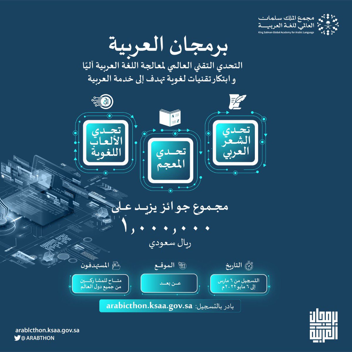 linux_ar's tweet image. مسابقة برمجية  #برمجان_العربية
تحد تقني عالمي، لابتكار حلول تقنية، ومنصات رقميّة، وتقديم أدوات متخصصة في معالجة اللغة العربية آليًّا في ما يلي:
🟡 الشعر العربي والذكاء الصناعي
🟢 تحدي المعجم
🔵 تحدي الألعاب اللغوية للأطفال

لمزيد من المعلومات: 
arabicthon.ksaa.gov.sa
@arabthon