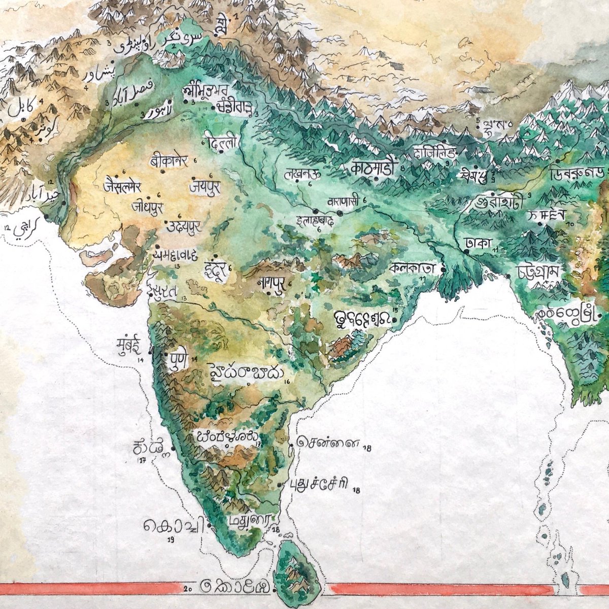 A truly exquisite map highlighting South Asia's languages and landscapes.

By /u/mydriase