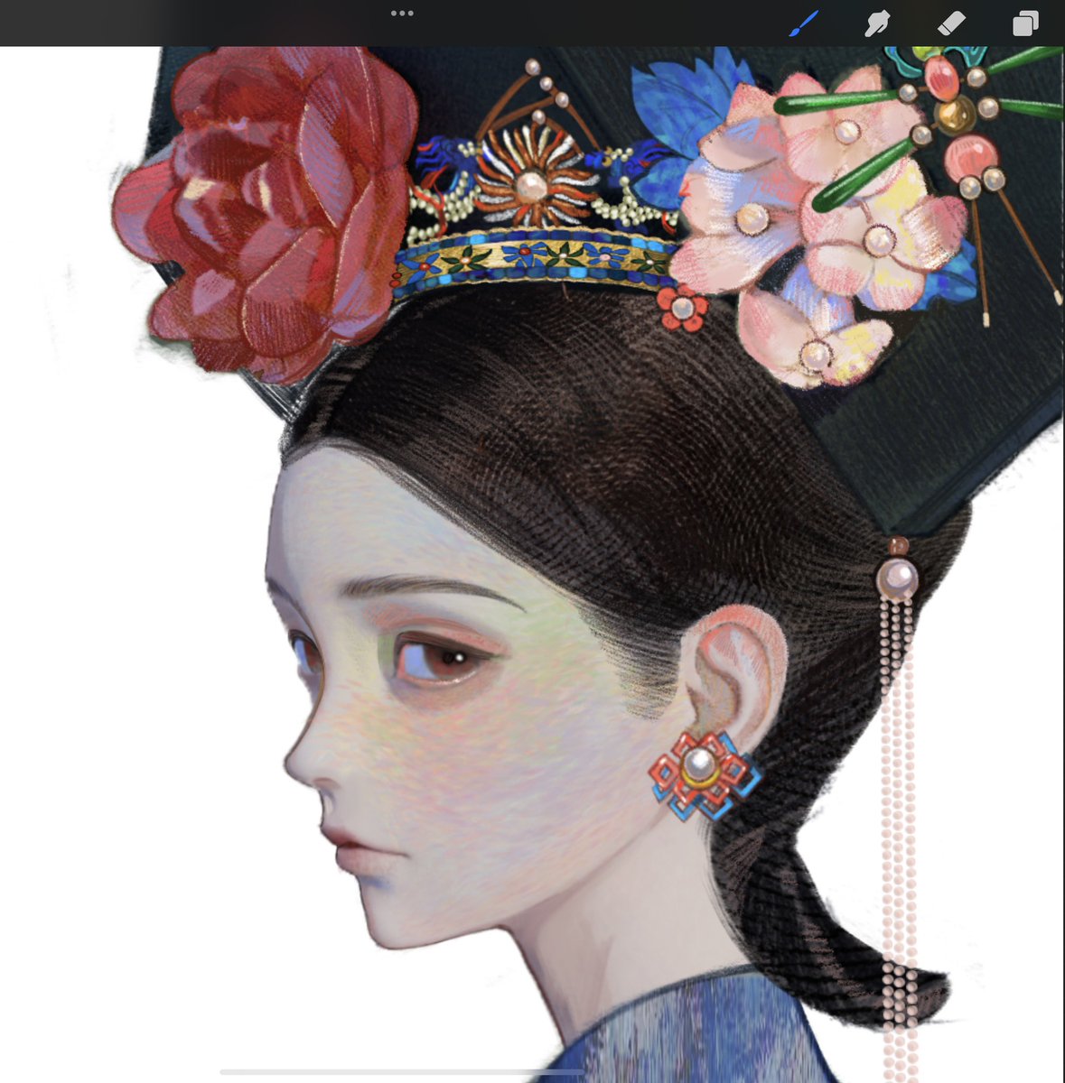 1girl solo flower jewelry earrings black hair portrait  illustration images
