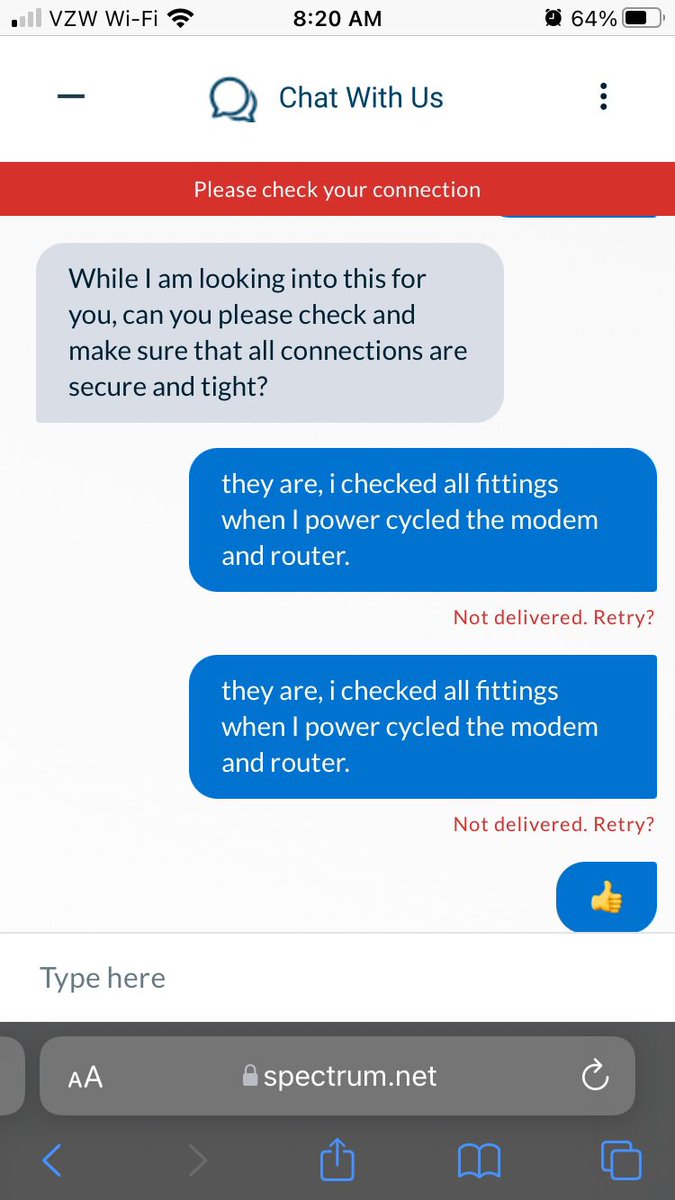 EvansGoff's tweet photo. @Ask_Spectrum there has got to be a better way than a chat function to diagnose internet issues. Have a great day. https://t.co/ixWhe4B3Yo