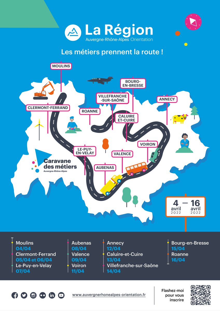 La #Caravanedesmetiers c'est : 11 villes étapes, 10 départements traversés, plus de 10 véhicules, 15 jours de tournée et de nombreux métiers à découvrir du 04 au 16 avril 2022. 
La billetterie est ouverte ! Préparez votre venue sur ➡️ auvergnerhonealpes-orientation.fr/actions/carava…