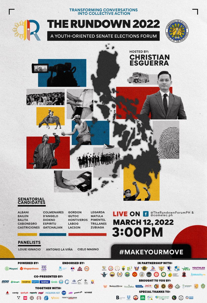 TheRundownPH's tweet photo. The Premier Senate Elections Forum for the youth, by the youth is finally here 🇵🇭

#MakeYourMove this #Halalan2022 and catch #TheRundown2022 🗣

Facebook Live | March 12 - 3 pm
ANC Telecast | March 19 - 1 pm
ANC Youtube Channel | March 21 https://t.co/jlgL1tGqpx