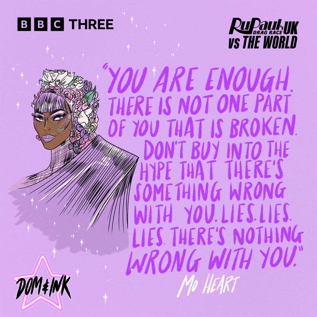 dragraceukbbc's tweet photo. You. Are. Enough. 💜

Art by the talented Dom &amp; Ink. 🎨 #DragRaceUK @IAmMoniqueHeart https://t.co/kwTGFWfvCC