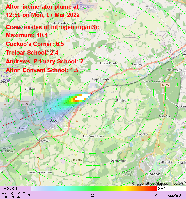 plumeplotter's tweet photo. Latest Alton incinerator plume plot, 12:50 07/03/22 #CuckoosCorner #Holybourne #Alton https://t.co/VMzYTwGnPN https://t.co/gi8gCT3oPj