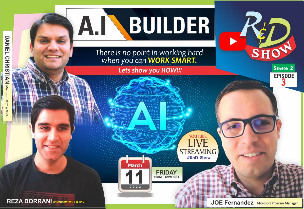 bideyy's tweet photo. Hard work is important in our lives, we all believe that. But must we WORK HARD when we can WORK SMART? 
@fdezjose JOE FERNANDEZ is in the house to unlock our minds on what #AIBuilder can do. Tune IN this FRI. 11AM EST
@dchristian19 @rezadorrani #PowerPlatform #RnD_show @RnD_show https://t.co/cXMXgQFPAZ