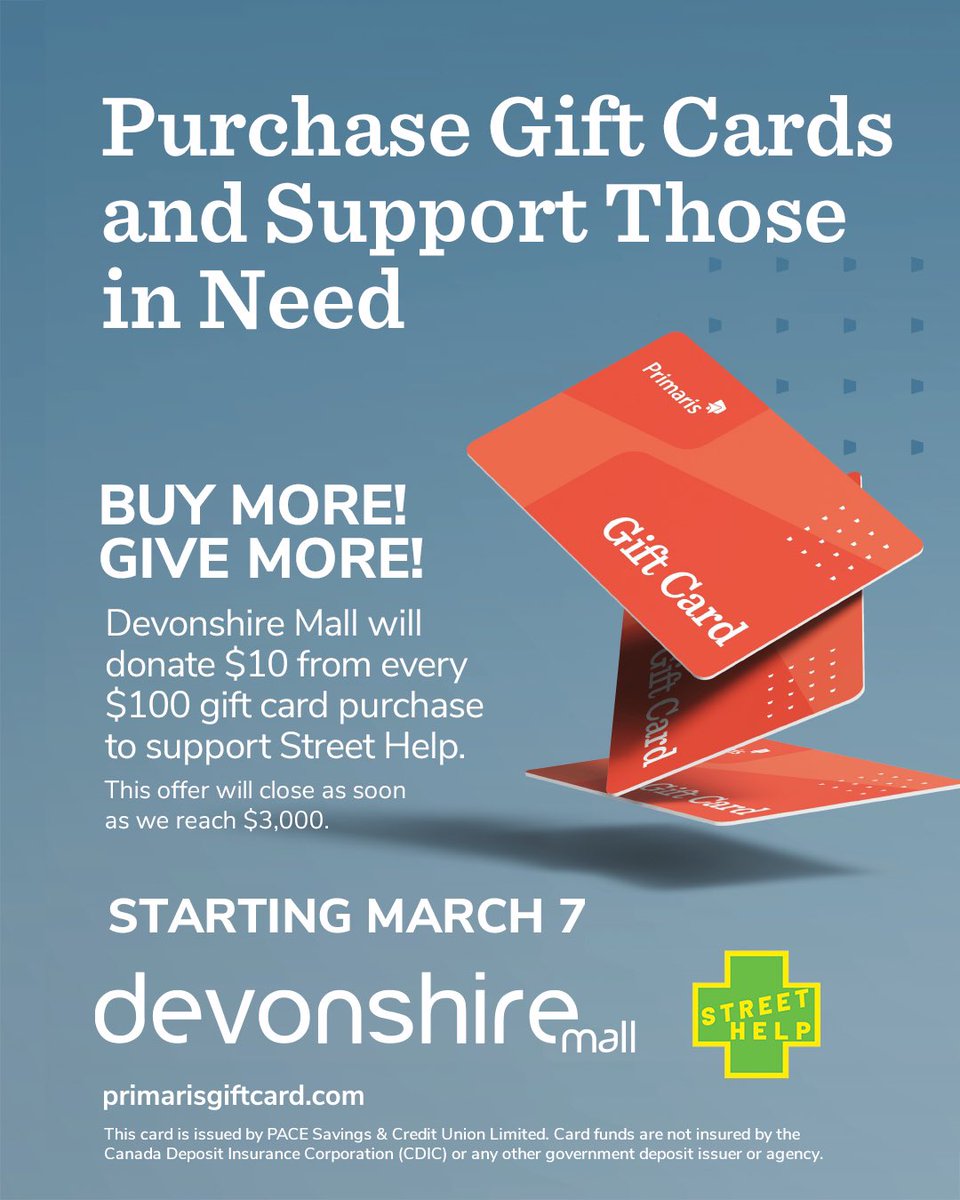 devonshiremall's tweet photo. Devonshire Mall will donate $10 from every $100 Gift Card purchase to support Street Help.  This offer will close as soon as $3000 in donations is reached.  Available for purchase online or at Guest Services #devonshirestyle #dmallsupport #dmallgiftcards #supportlocal #streethelp https://t.co/H4cKD6XE5M
