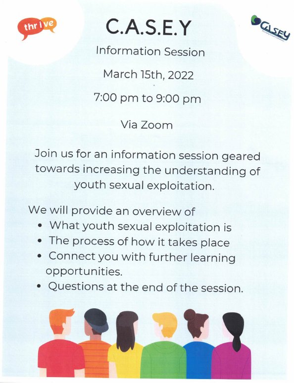 March 15, 2022
7pm-9pm
Virtual training opportunity
 
CASEY (Coalition Against Sexual the Exploitation of Youth) provides training for parents, professionals, and youth. If you would like to attend, please register at the link below:
 
Join Zoom Meeting
us06web.zoom.us/j/85657292178?…