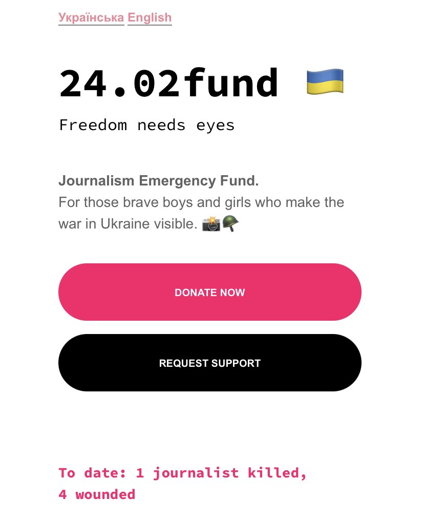 Quatre journalistes blessés et un tué depuis le début de l’invasion : les consœurs et confrères ukrainiens ont mis en place un appel aux dons pour s’équiper le plus rapidement possible en gilets pare-balles et casques. 

Aidez les si vous pouvez. 

2402.org/?fbclid=IwAR0V…