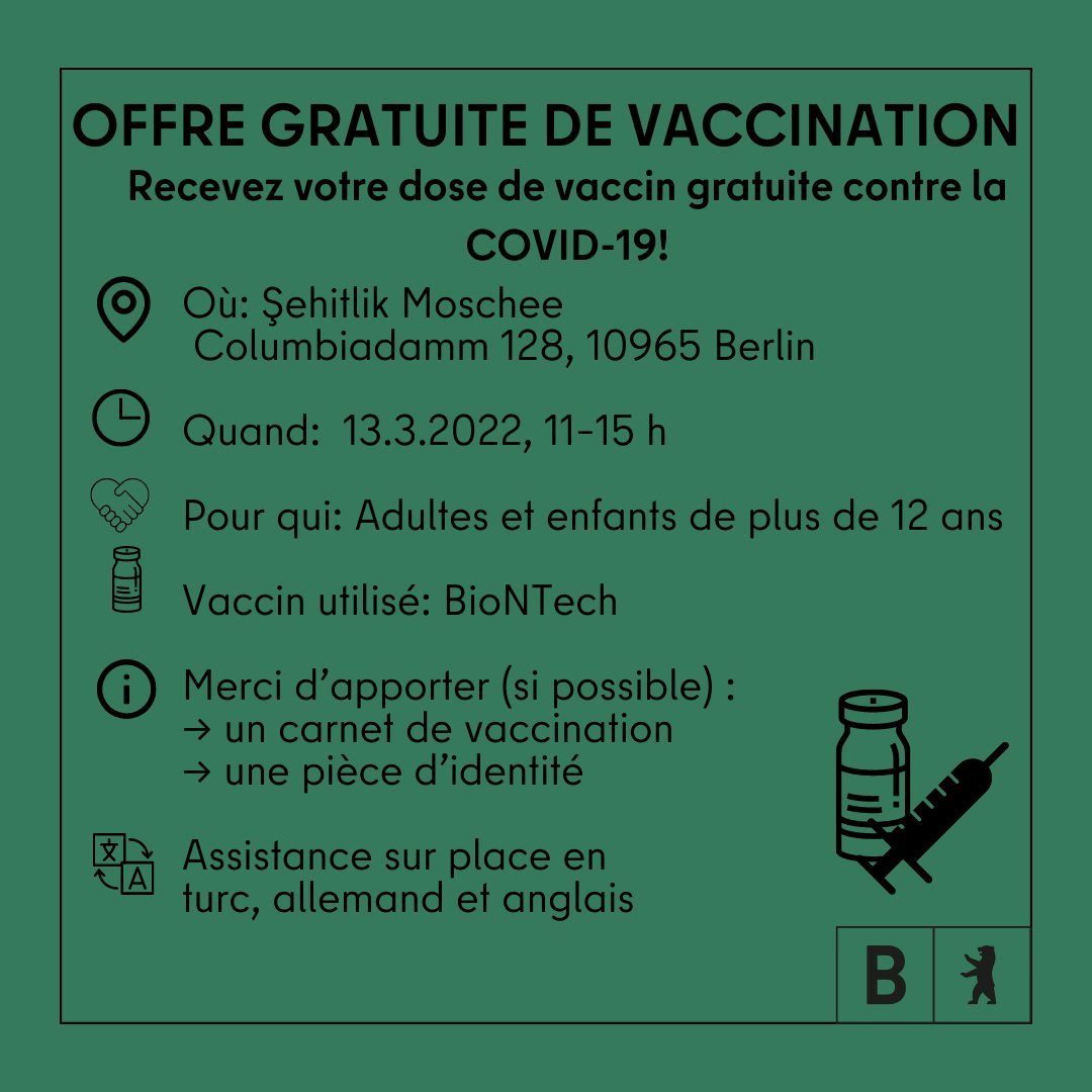 Bitte mitbringen, wenn vorhanden:
→ Ausweisdokument
→ Impfausweis
🤝Unterstützung vor Ort auf Türkisch, Deutsch und Englisch
🔁 Bitte teilen: Sharepics auf Türkisch, Deutsch, Englisch, Arabisch, Farsi und Französisch
2/2
