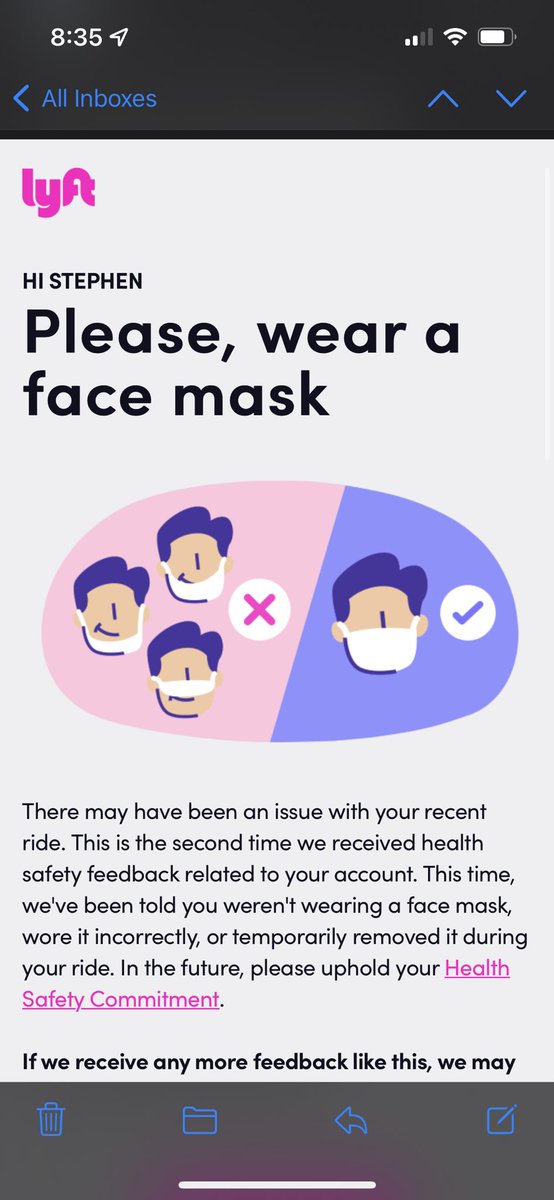 schtevernn's tweet photo. @AskLyft I have received two emails stating that I have not been wearing a mask even though that is not possible and do not want to get my account suspended. Can you please help me understand why I am being noted as not wearing a mask? https://t.co/TNaoz182gD