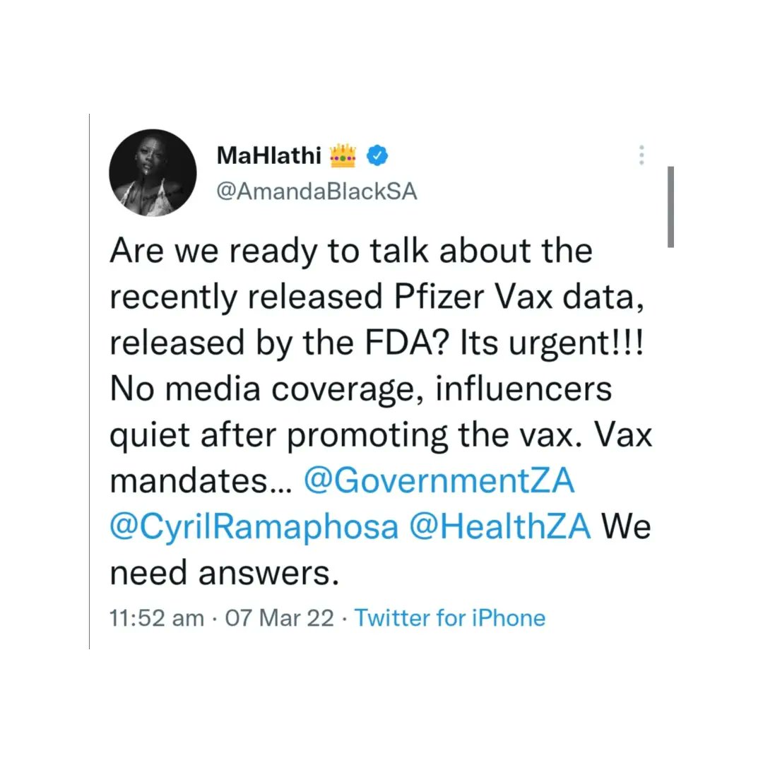ThembarifumoS's tweet photo. Amanda Black is demanding more coverage on the recently released Pfizer Vax data. Says even the influencers who promoted it are quiet.
#amandablack #amanda #pfizer #vaxdata https://t.co/9f2EP0gRyO