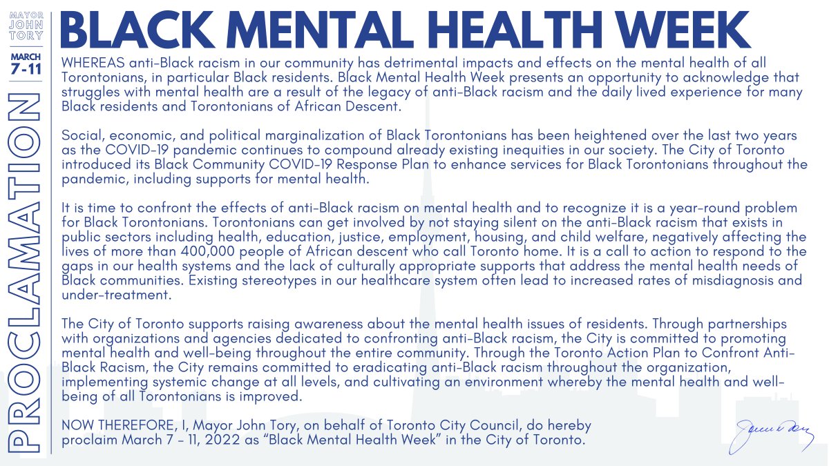 This week, for #BlackMentalHealthWeek, we recognize the detrimental impacts of anti-Black racism as well as the disproportionate toll that the pandemic has taken on the mental health of Black Torontonians.