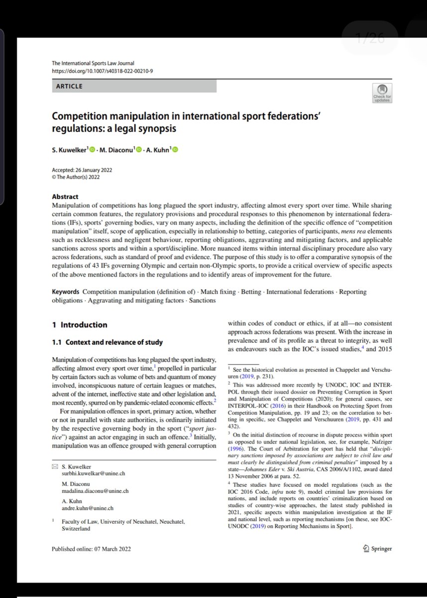 MadalinaDiacon8's tweet photo. Pleased to share our new article in the #InternationalSportsLawJournal analyzing and comparing the regulations of 4⃣1⃣ International Federations on #CompetitionManipulation, using 15 criteria (and lots of graphs). Co-authored with @surbhikuwelker and @KuhnAndreKuhn 
@Macolin_Conv https://t.co/fHqfS2qd4e