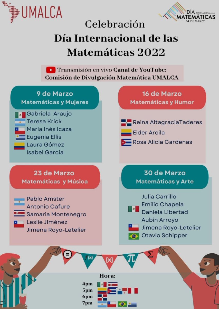 ¡Esta semana comienza la celebración del #DíaInternacionalDeLasMatemáticas en Latinoamérica y el Caribe! Tendremos un espacio para hablar de género, arte, humor y música. ¡Miércoles de Marzo en youtube.com/channel/UCHgx1… ¡Las matemáticas nos unen! <a href="/idm314/">International Day of Mathematics</a>