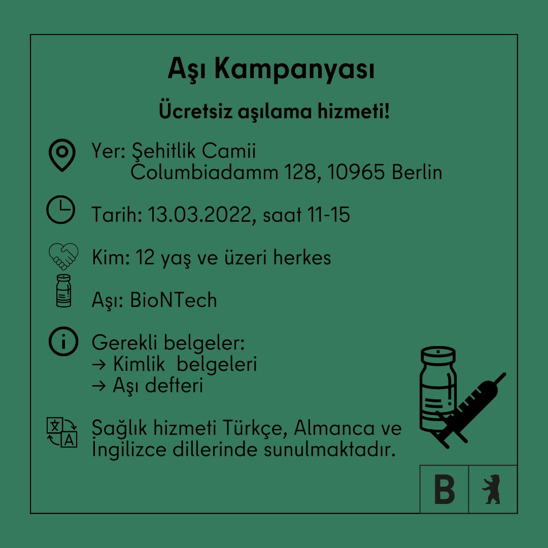 😷 Auch aufsuchende und niedrigschwellige #Impfaktion​en müssen weitergehen!
📍Wo: Şehitlik-Moschee, Columbiadamm 128, 10965 Berlin
📅 13.3.2022, 11-15 Uhr
🧍‍♀️🧍🧍‍♂️für alle ab 12 Jahren
💉BioNTech
1/2
