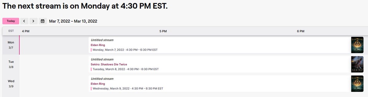 The schedule is set for this week! Make sure to visit the schedule page to be notified when we go live with Elden Ring, and Sekiro! 
twitch.tv/c4ssc4ss/sched…