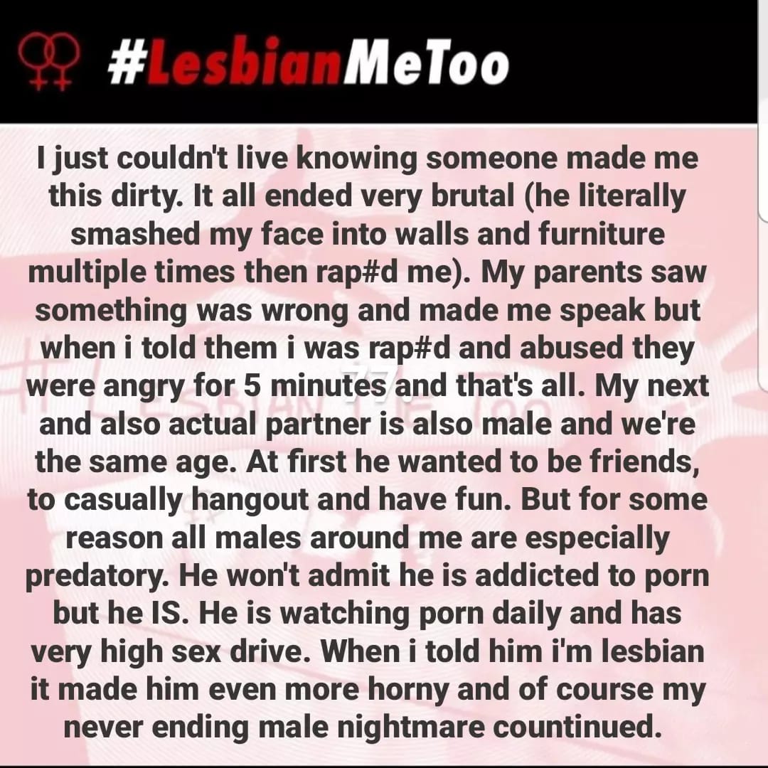 lesbianmetoo's tweet photo. Let's not forget that in some situations, #compulsoryheterosexuality and #lesbophobia are so strong that exclusively same-sex attracted females are forced to partner with men...
#lesbianmetoo #metoo https://t.co/it8FIR3z9R