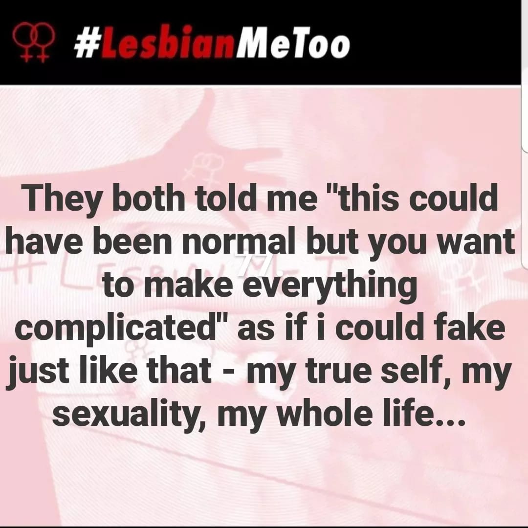 lesbianmetoo's tweet photo. Let's not forget that in some situations, #compulsoryheterosexuality and #lesbophobia are so strong that exclusively same-sex attracted females are forced to partner with men...
#lesbianmetoo #metoo https://t.co/it8FIR3z9R