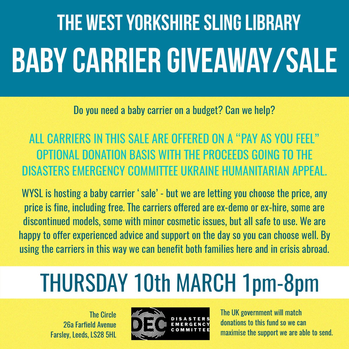 wyslinglibrary's tweet photo. We are putting our ex-hire baby carrier collection to work, helping both the families of #leeds and by sending cash donations to the #ukraine appeal. Pay As You Feel baby carrier sale at The Circle #farsley 11th March - Please RT if you know someone who might benefit from support https://t.co/9iWhezyUuv