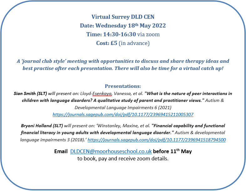 SurreyDLDCEN's tweet photo. The next @SurreyDLDCEN will be on the 18th May! It will be a "journal club style" 📔meeting with presentations on two papers linked to DLD @SianSlt @Bry_Holl. Book on before 11th May so you don't miss out! #journalclub #languagedisorder #DLDCEN https://t.co/k7nLJL6ok4