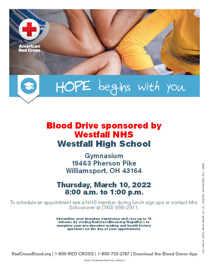 WestfallHS's tweet photo. Westfall NHS is sponsoring a blood drive Thursday, March 10! Sign up online at https://t.co/yH3kIz3r5o and search: WESTFALLHS. March donors receive a $10 e-gift card! https://t.co/Y99LwiBhLy