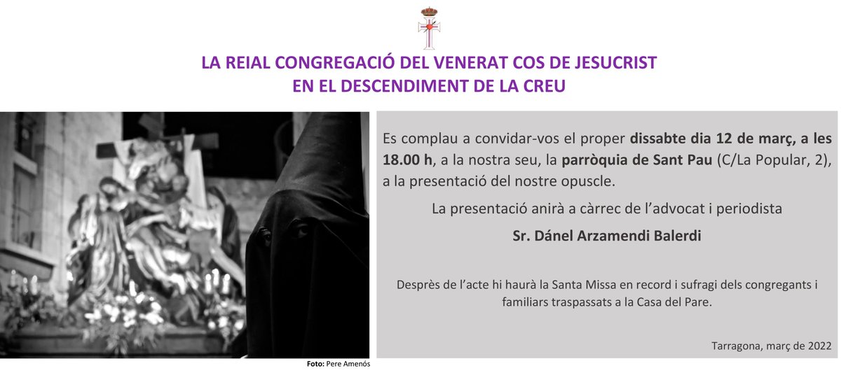 Dissabte 12 de març, a les 18h, a la Parròquia de Sant Pau, presentació  opuscle a càrrec de l’advocat i periodista Sr. Dánel Arzamendi. També es presentarà el retallable del Descendiment realitzat pel Sr. Joaquim Nolla Sole. Hi esteu tots convidats!
