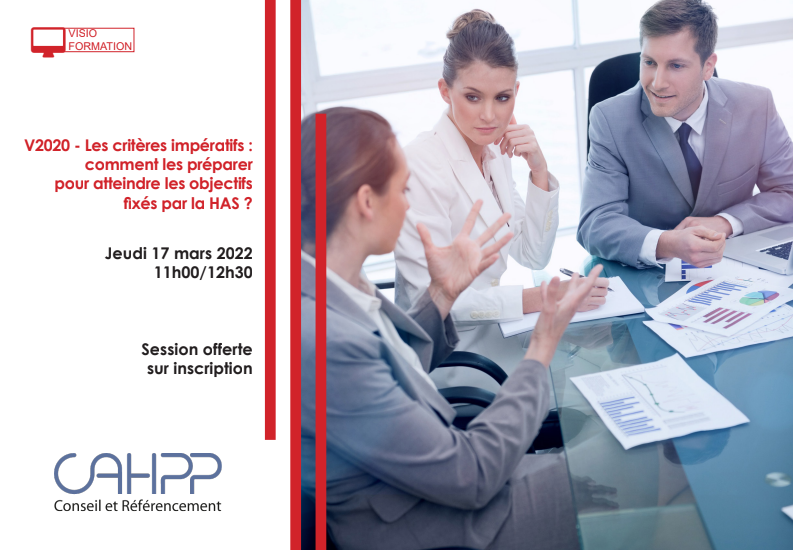 cahpp75's tweet photo. On poursuit notre série de formations sur la certification V2020 avec un webinaire ayant pour thÚme "Les critÚres impératifs : comment les préparer pour atteindre les objectifs fixés par la HAS ?"
Inscription en ligne ici : https://t.co/UjfhndXim8
#cahpp #formation #santé #v2020 https://t.co/iaMi8BaXxk