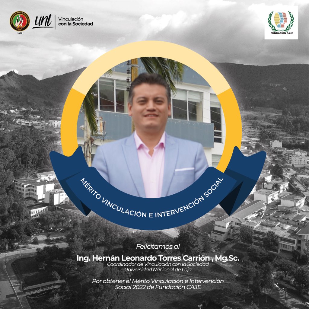Felicitaciones <a href="/hltorresc/">Hernán Torres</a>, coordinador de Vinculación con la Sociedad de la <a href="/UNLoficial/">Universidad Nacional de Loja</a> al recibir el Mérito Vinculación e Intervención Social por parte de <a href="/FundacionCaje/">Fundación CAJE</a> 

¡Desde la academia contribuimos a la transformación de la sociedad!