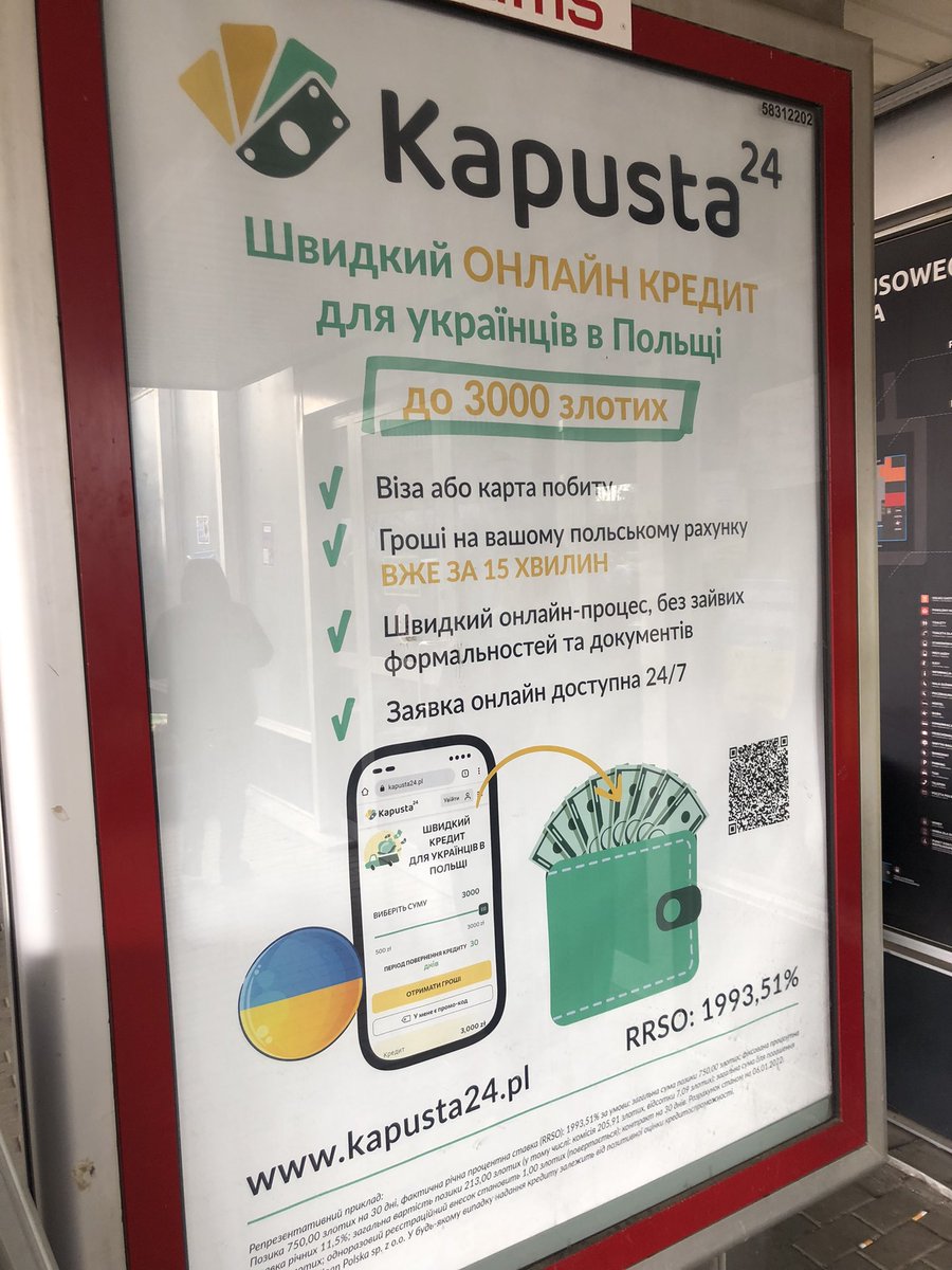 p_korzeniowski's tweet image. Obrzydliwe lichwiarstwo na Dworcu Zachodnim, gdzie aktualnie przebywa najwiecej uchodźców. RRSO: 1993,51%. Reklama skierowana do osób z Ukrainy. Żerowanie na krzywdzie