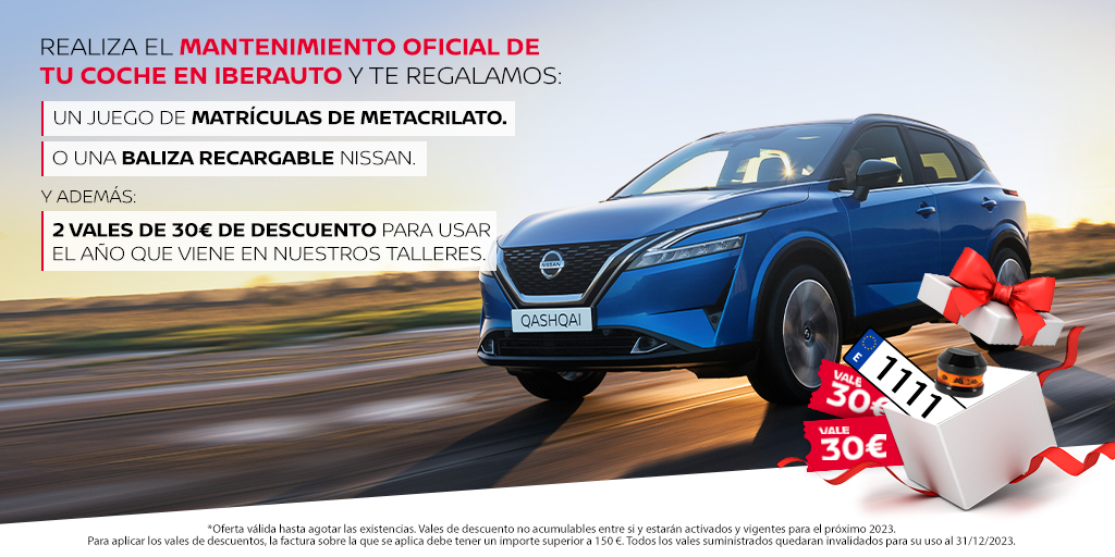 Realiza el mantenimiento oficial de tu Nissan en Iberauto y te regalamos:
🎁 Un juego de matrículas de metacrilato.
🎁 O una baliza recargable Nissan.

👉 Además te damos 2 vales de 30€ de descuento para usar antes del 31/12/2023 en nuestros talleres. ➡️ bit.ly/3vJxAke