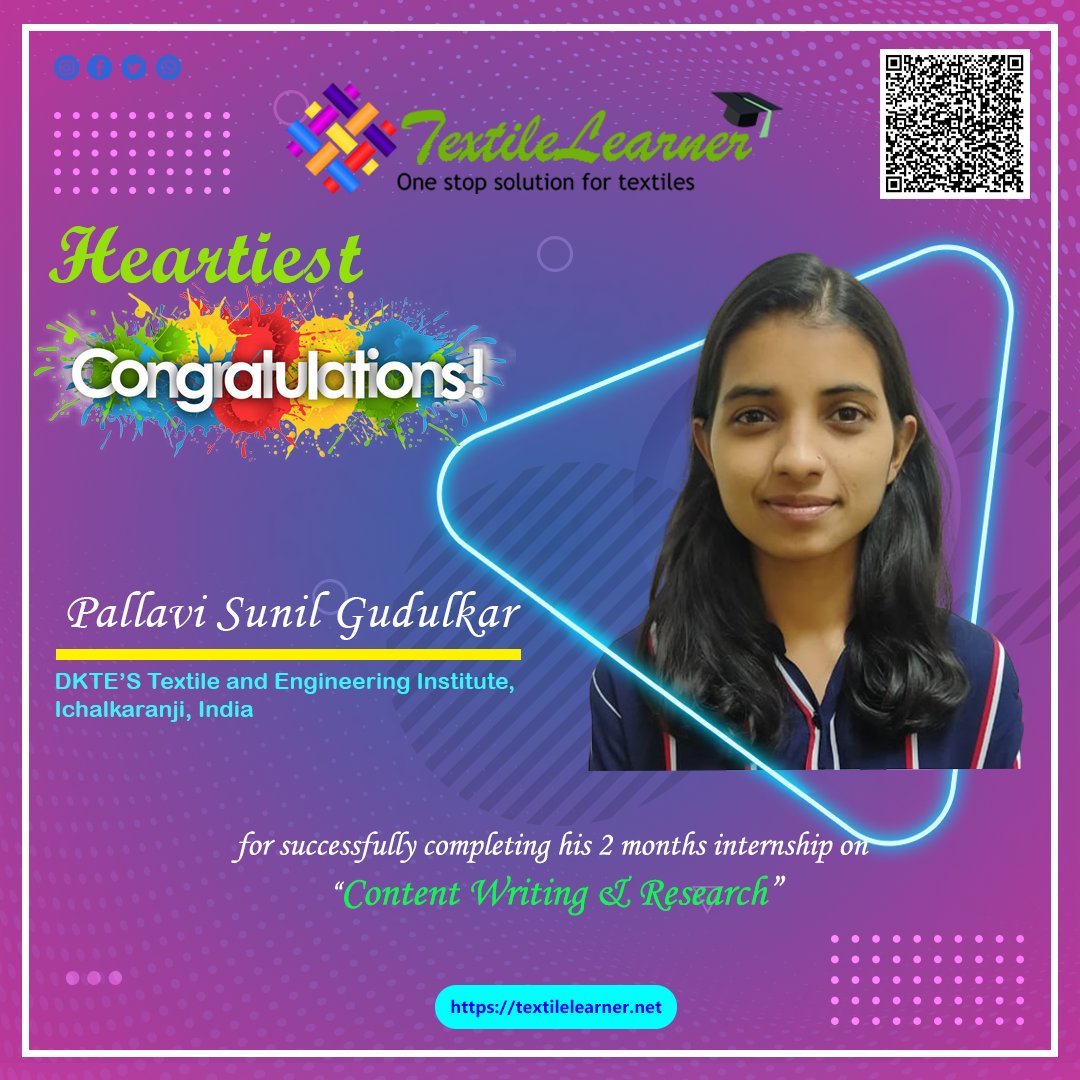 TextileLearner's tweet photo. Congratulations! Pallavi Sunil Gudulkar 🎊🎉🎊 for successfully completed 2 months internship on “Content Writing & Research” in Textile Learner 👇
https://t.co/Xh9LGa3Hsp
#internship #textilelearner #textileblog https://t.co/ACYa1ZMwb5