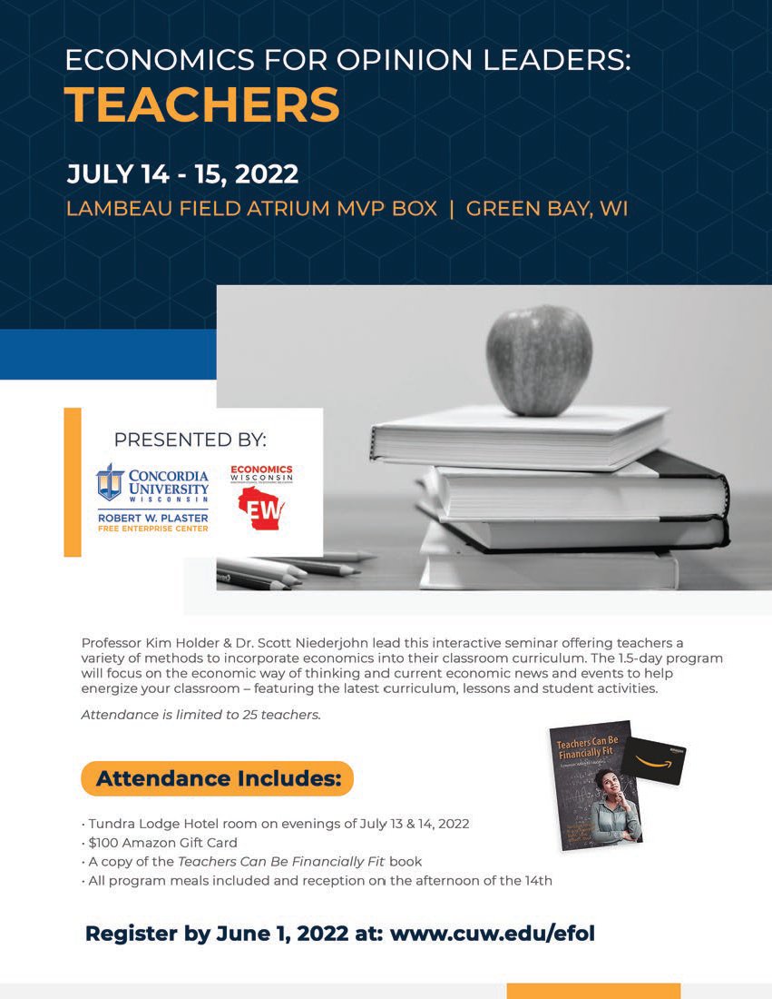 cubegrl's tweet image. Come learn economics at Lambeau Field with me in July! Space is limited, register early - there are some pretty nice incentives. :) This is particularly appropriate for high school economics teachers. #K12EconEd @EWWCEE @CUWisconsin @UWGEconEd cuw.edu/efol