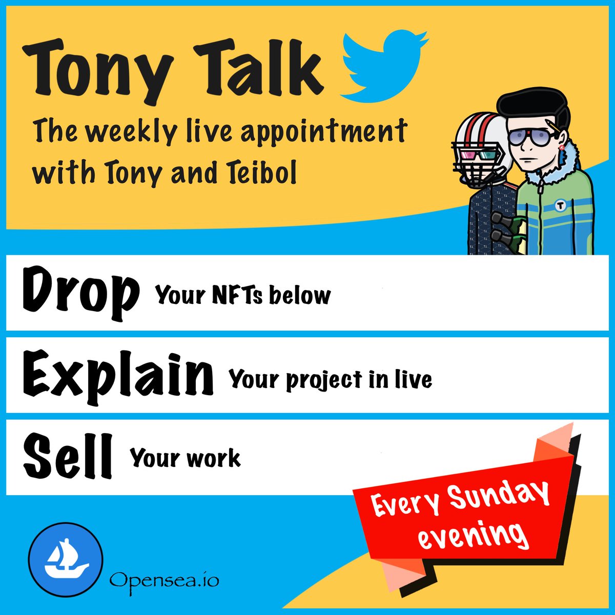 TonyBroker247's tweet photo. TONY TALK 🎙

The #TwitterSpace 🦜 hosted by @TonyBroker247 and @teibol7 where you DROP your #NFT, you EXPLAIN to the members your project live. 🤝

The main purpose of this show is to #chill together, talk and get in touch with people! 

Turn on my 🔔 for the next Space! https://t.co/4TciFexUS8