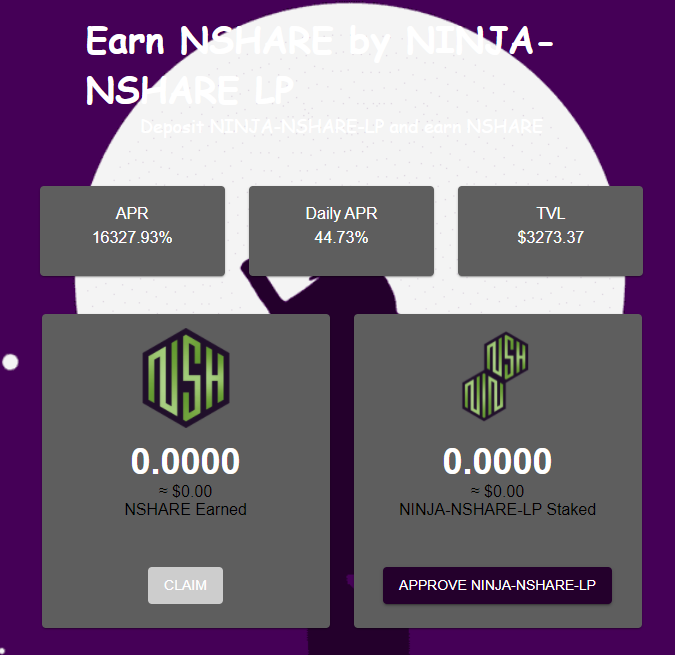 NinjaMoneyBSC's tweet photo. We have added a new farm NINJA-NSHARE LP today.

Rewarding 45% daily into $NSHARE!

Earn $NSHARE &amp; Deposit on boardroom to earn more $NINJA

Keep compounding NINJA's!🥷

#ninja #nshare #tomb #tombfork #tombfinance #2omb #3omb #defi $tomb $tshare #binance $bsc https://t.co/N0RkzjKzrm