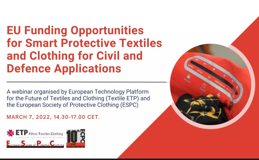 Judithboschg's tweet photo. 🎙️Attending the EU #funding opportunities for #Smart #Protective #Textiles and Clothing for #Civil and Defence Applications organized by @TextileETP  and @espc 
#innovation #textile #technology #workshops https://t.co/2d0kw57uQI